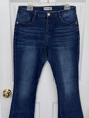 VERY NICE VIPONES WIDE LEG FLARE DENIM JEANS - SIZE 12 - STRETCH - FRINGE BOTTOM